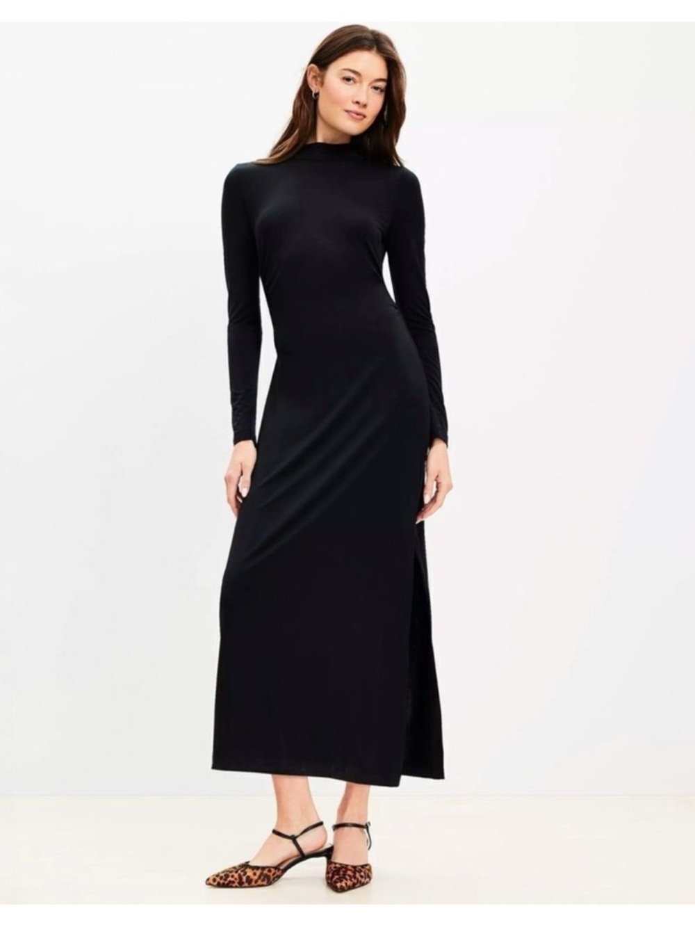 LOFT Black Long-Sleeve Maxi Dress with Side Slit
